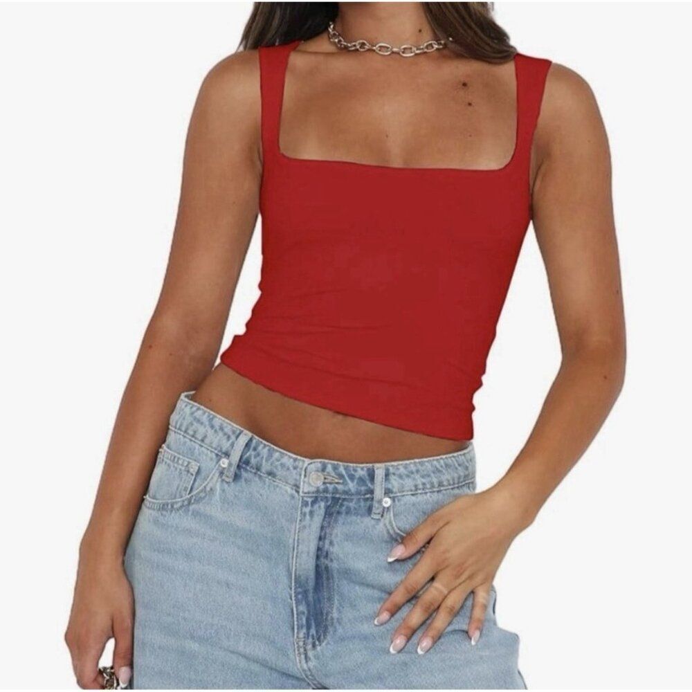Abardsion Square Neck Rayon Red Crop Tank Top